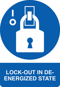 Blue industrial safety sign with white padlock graphic and text indicating lock-out in de-energized state for electrical isolation concept, useful for machinery maintenance and factory compliance
