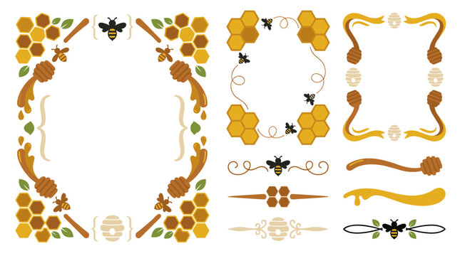Set of decorative honey bee frames and borders, honeycomb patterns, dipper icons and elegant nature flourishes for wedding invitations or menu design