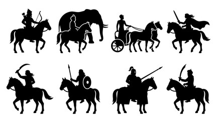 Fototapeta premium Set of silhouettes of ancient warriors riding horses, riders with weapons and shields, historical battle scenes, black vector elements for design