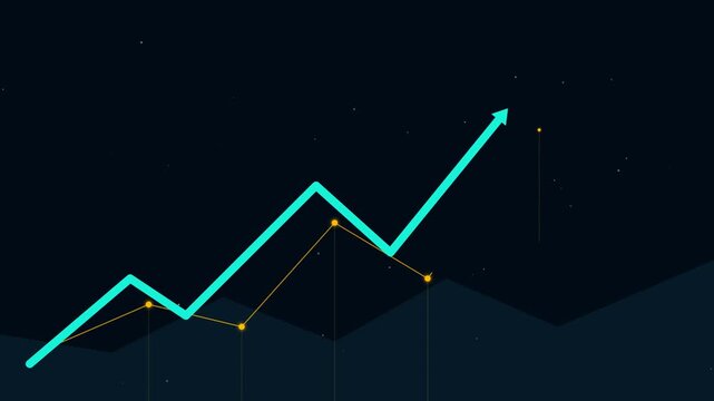 Motion graphics footage showing a cyan arrow pointing up over dark mountain silhouettes at night.
