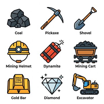 Mining industry color line vector icon set with coal pickaxe shovel helmet dynamite gold diamond and excavator