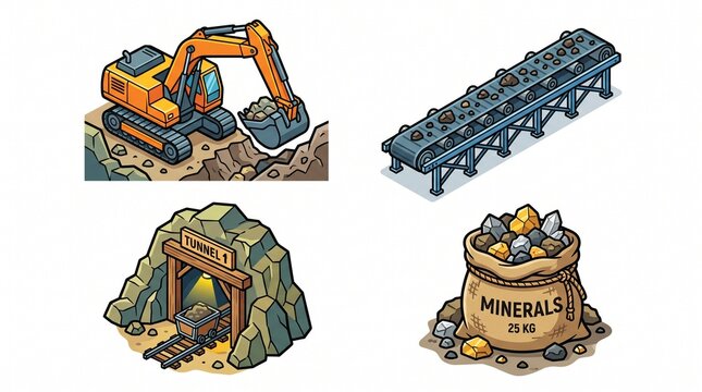 Isometric mining vector icon set with heavy excavator conveyor belt tunnel entrance and minerals sack