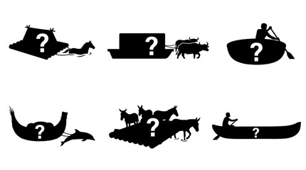 Fototapeta premium Set of black silhouette boat and nautical icons featuring question marks, representing mystery, marine transportation, adventure, travel, unknown