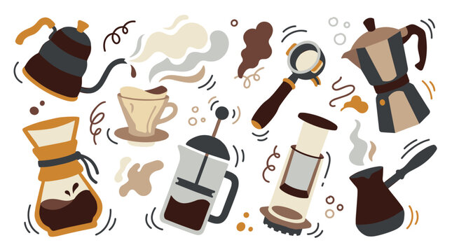 Set of coffee brewing equipment icons, pour over chemex, moka pot, french press, portafilter, espresso steam, barista tools for cafe menu design