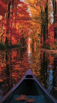 First-person view from a canoe gliding down a calm river lined with vibrant autumn foliage