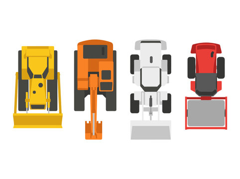 Top down view set of heavy construction machinery including bulldozer excavator loader and steamroller for urban road maintenance and site