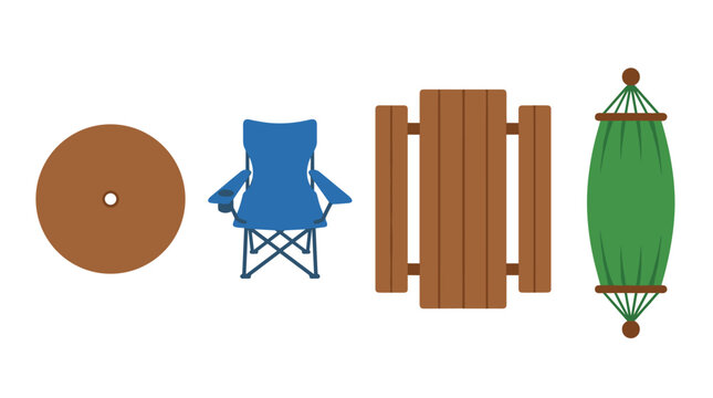 Isolated top down view of garden furniture set including round wooden table, folding camping chair, rectangular picnic bench, and green hammock