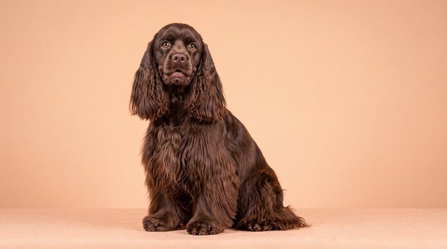 Chocolate Brown English Cocker Spaniel Sitting and Looking at Camera on Beige Studio Background