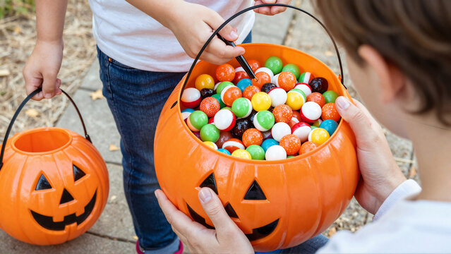Children collecting colorful candy in pumpkin buckets