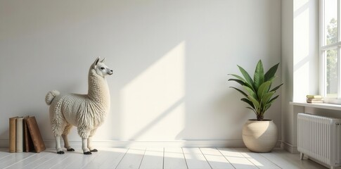 Fototapeta premium White minimalist room, vintage books, llama pot, copy space , airy, peaceful, image
