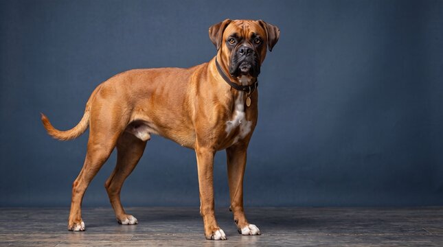 Full body portrait of a fawn Boxer dog standing against a blue background in a studio