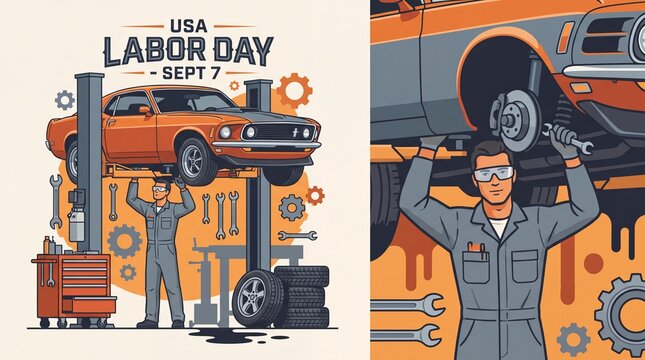 Vintage USA Labor Day illustration, retro car mechanic working in garage, classic muscle car on lift for Sept 7 holiday poster