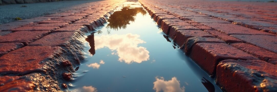 Water puddle reflecting sky on red brick, cement nearby, material, construction