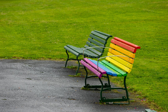 Pride rainbow bench representing LGBT equality in park