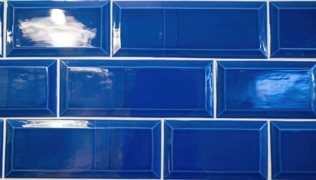 Glossy blue rectangular subway tiles in brick pattern with white grout lines