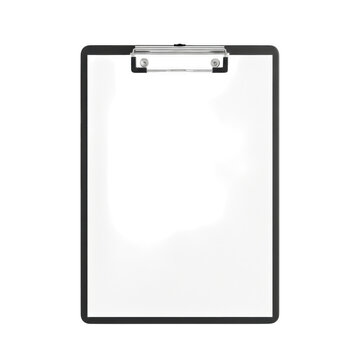 Black clipboard with empty white paper sheet isolated on white background