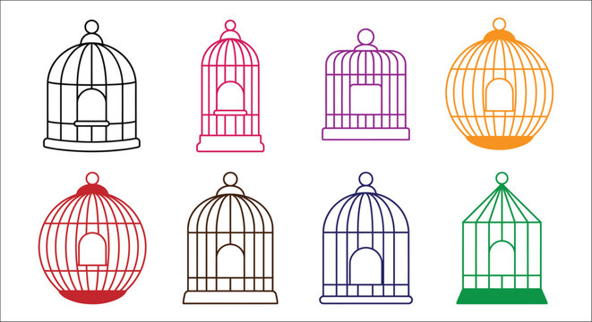 Colorful birdcage illustrations are arranged in a grid on a white background showcasing various hues
