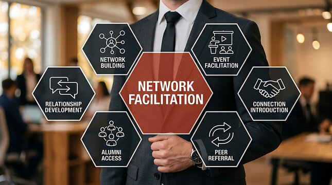 Businessman presenting network facilitation concept infographic in modern office