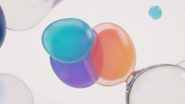 abstract colorful liquid metaball drops merging floating glass sphere motion white background