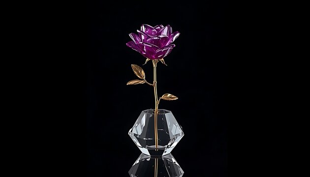 Elegant purple artificial rose with gold stem in a crystal vase on black background