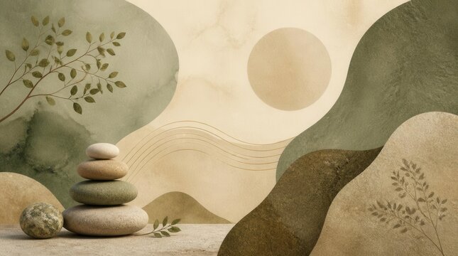 Serene Zen Balance: A stack of smooth, rounded stones sits in quiet contemplation, symbolizing balance and tranquility amidst an abstract landscape of muted earth tones and gentle, organic shapes.