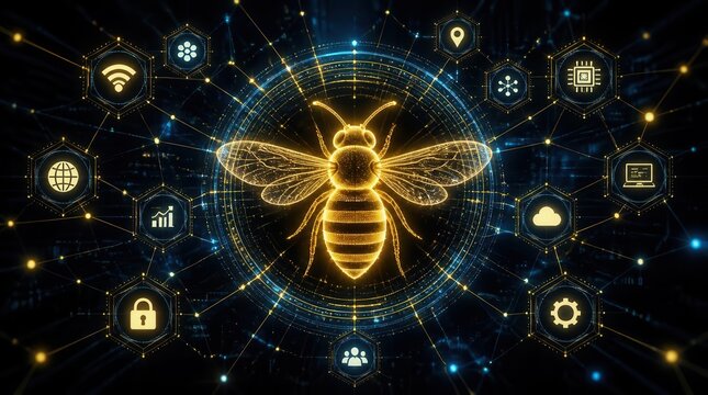 Bee Network Intelligence: A luminous, abstract bee emblem at the center of a digital web, symbolizing connectivity, data, and technological innovation.
