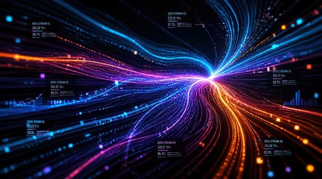 Digital Convergence: An abstract representation of digital data streams flowing and converging, creating a vibrant, energetic.