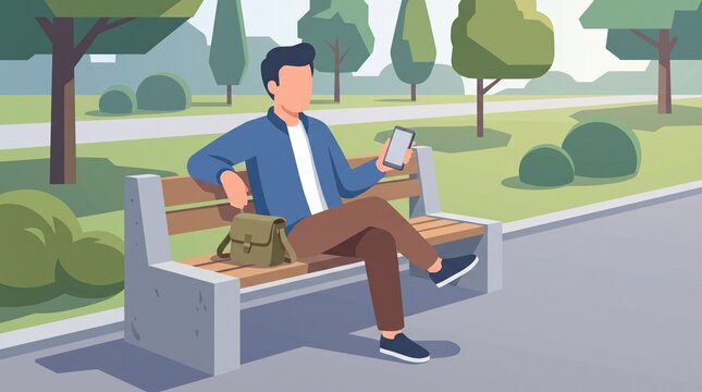 Faceless male cartoon character using a smartphone while sitting on a park bench, flat illustration for technology, leisure, urban life and outdoor lifestyle