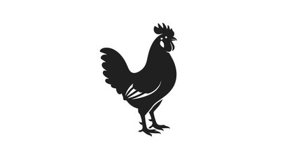 Fototapeta premium Solid black silhouette of a standing rooster with detailed feathers and proud posture, isolated on a clean white background.