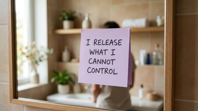 Mental health and emotional wellness concept photo. Purple sticky note with handwritten affirmation text attached to a bathroom mirror