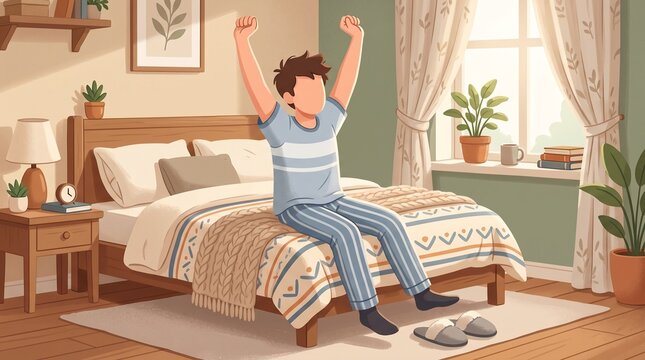 Faceless male cartoon character stretching after waking up on the bed, flat illustration for morning wellness, flexibility, healthy routine and relaxation
