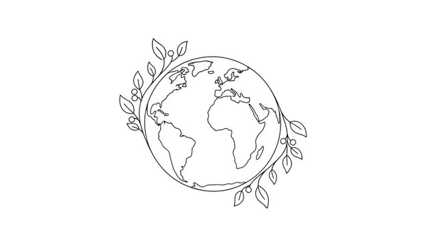 Elegant line drawing of the planet Earth decorated with delicate olive branches, representing peace and environmental care.