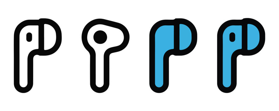 Minimalist wireless earbuds vector icons set in black line and blue filled modern flat art style.