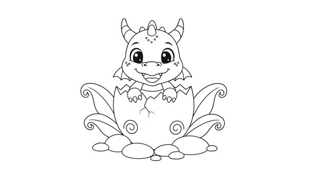 Black and white coloring page of a cute baby dragon hatching from a decorated egg, surrounded by leaves and stones.