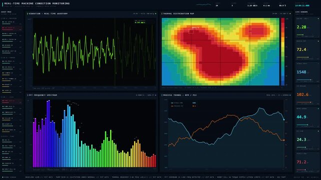 A detailed 4K real-time machine condition monitoring dashboard showcasing vibrant data visualizations with clinical precision and a professional layout for industrial applications.