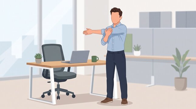 Faceless male cartoon character stretching shoulders beside an office desk, flat illustration for workplace wellness, posture, exercise and healthy work breaks