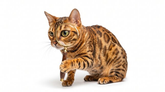 Bengal cat with spotted fur playing on white background. Exotic feline pet with leopard pattern. Playful domestic cat reaching with paw.