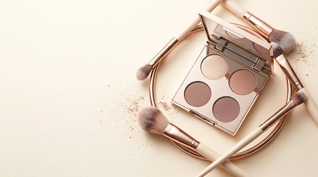 Eyeshadow makeup palette with cosmetic brushes on a gold tray. eyeshadow application guide 