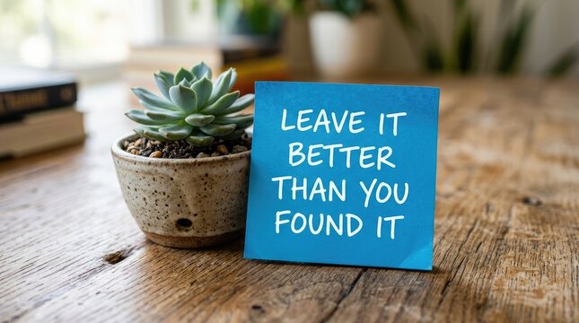 Leave it better than you found it motivational quote photo. Blue sticky note on wooden office desk next to small potted succulent plant