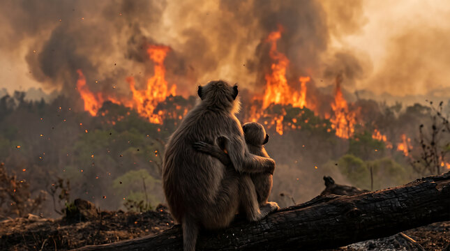 Mother Monkey Protecting Baby in Burning Forest During Wildfire