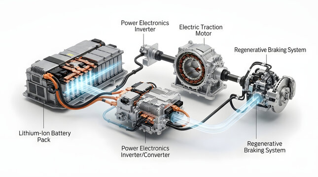 Electric vehicle powertrain architecture with lithium ion battery, inverter, traction motor and regenerative braking for automotive engineering