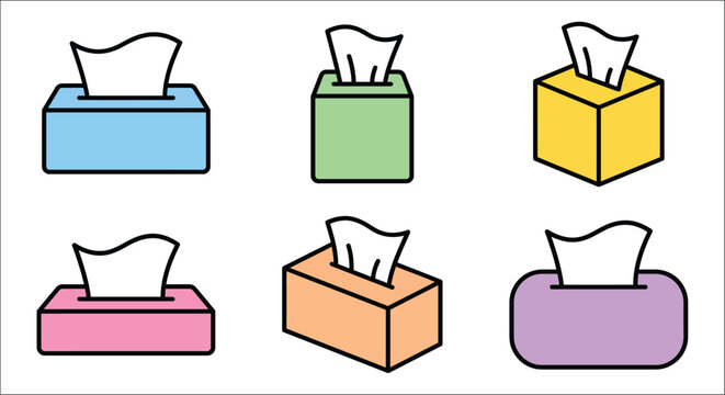 Colorful tissue box icons are arranged in a simple flat vector illustration boxes container cuboid