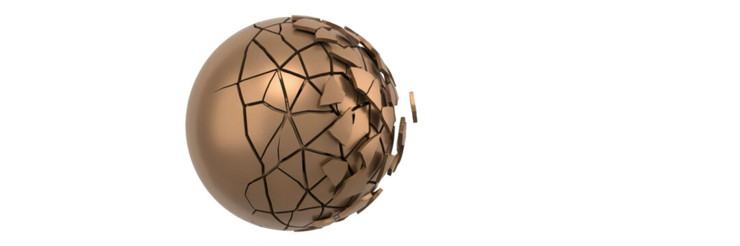 A metallic bronze sphere breaking into geometric fragments and shards isolated on a transparent background