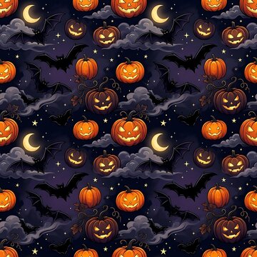 A spooky and festive seamless Halloween pattern featuring glowing jack-o'-lanterns, flying bats, crescent moons, and sparkling stars against a dark night sky.