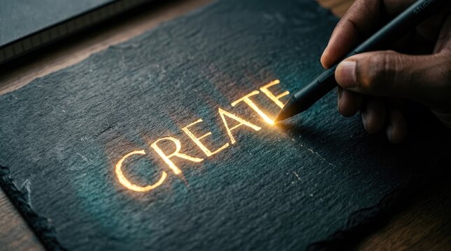 Creative writing and artistic inspiration concept photo. Person using a black stylus to write the word create with glowing golden light
