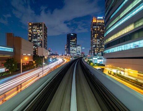 Nighttime cityscape with elevated train tracks, long exposure lights, modern architecture