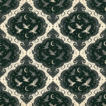 Elegant seamless pattern featuring flying ravens, crescent moons, and twinkling stars within intricate gothic damask frames, perfect for mystical designs.