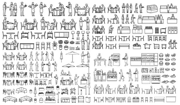 Restaurant and cafe architectural entourage with waiters, diners, chefs and furniture
