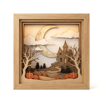 Halloween layered paper shadow box with haunted house and pumpkins