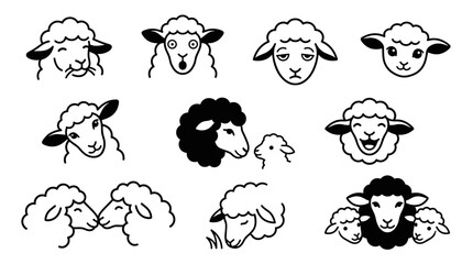 Fototapeta premium Set of sheep head vector icons with various emotional expressions, simple outline illustrations for farm, livestock, animal husbandry, wool industry